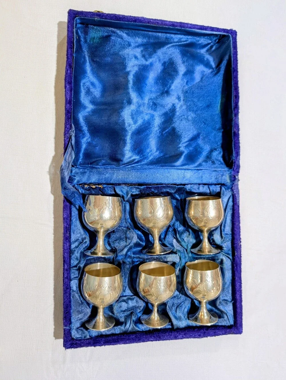 Vintage EPNS Silver Plated Engraved Cordial Goblets -Set of 6- in Original Case